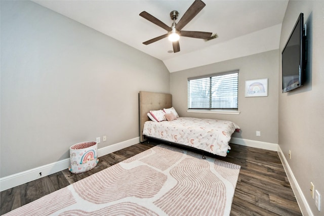 bedroom with dark wood-style flooring, visible vents, vaulted ceiling, ceiling fan, and baseboards