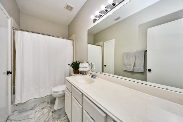 bathroom with toilet, marble finish floor, vanity, and visible vents