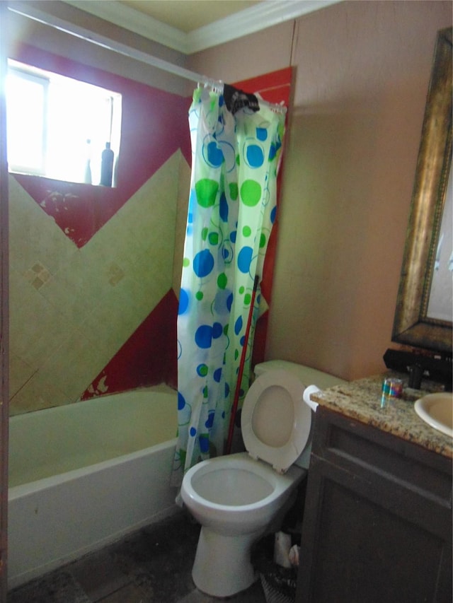 full bathroom featuring vanity, crown molding, toilet, and shower / bath combo