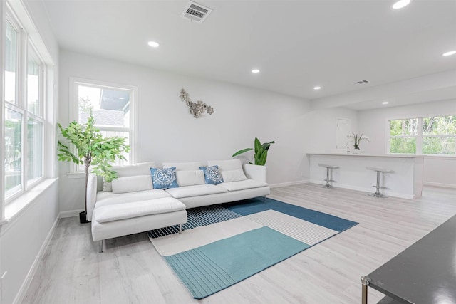 living room with light hardwood / wood-style floors and plenty of natural light