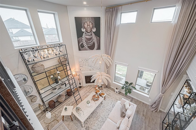 living room featuring hardwood / wood-style floors and a towering ceiling