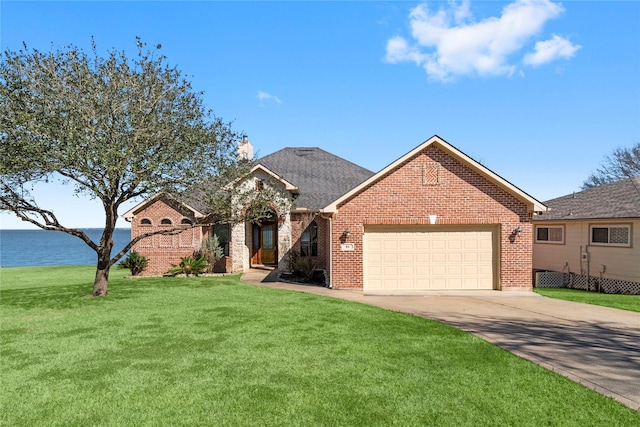 81 Paradise Trl, Coldspring, TX 77331 - view of front facade featuring brick siding, an attached garage, concrete driveway, and a front yard