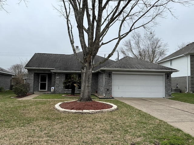 ranch-style home with a front yard, a garage, and cooling unit