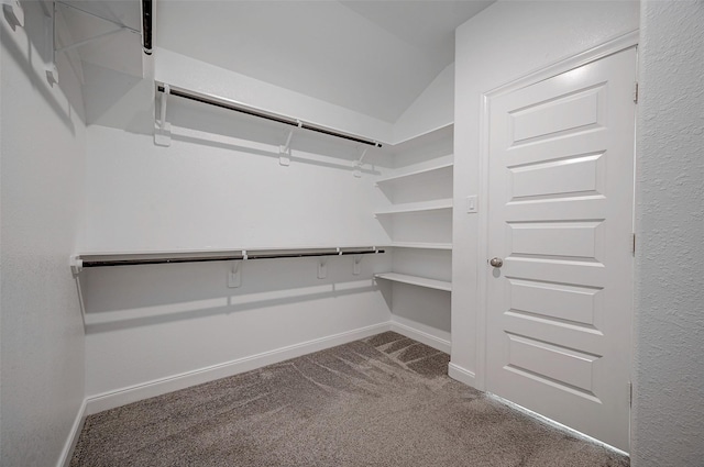 walk in closet featuring lofted ceiling and carpet floors