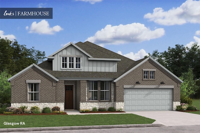 view of front of home featuring a shingled roof, brick siding, driveway, and an attached garage