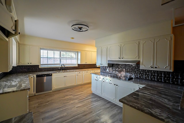 kitchen with light hardwood / wood-style floors, sink, stainless steel dishwasher, tasteful backsplash, and dark stone counters