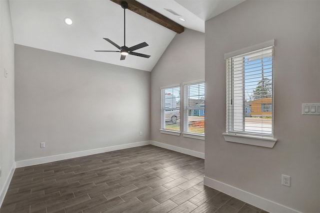 spare room with high vaulted ceiling, ceiling fan, and beam ceiling