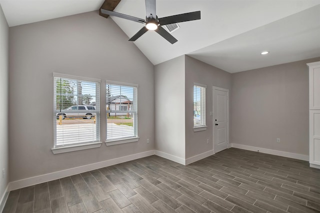 entrance foyer featuring dark wood-type flooring, high vaulted ceiling, beamed ceiling, and ceiling fan