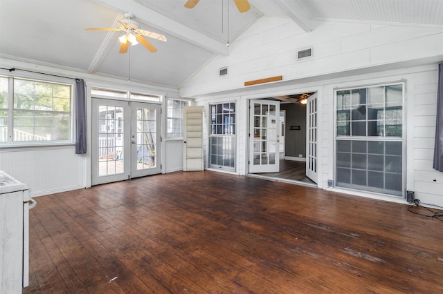 interior space with ceiling fan, dark wood-type flooring, french doors, and lofted ceiling with beams