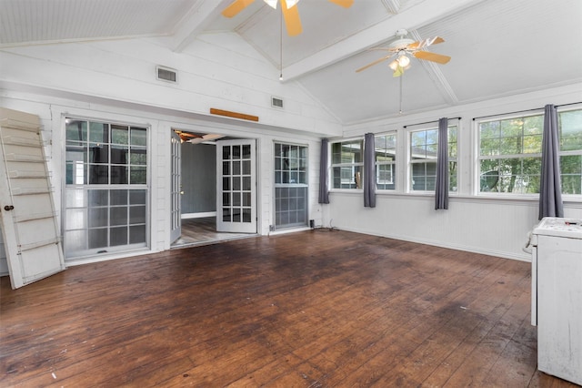 unfurnished sunroom featuring ceiling fan and lofted ceiling with beams