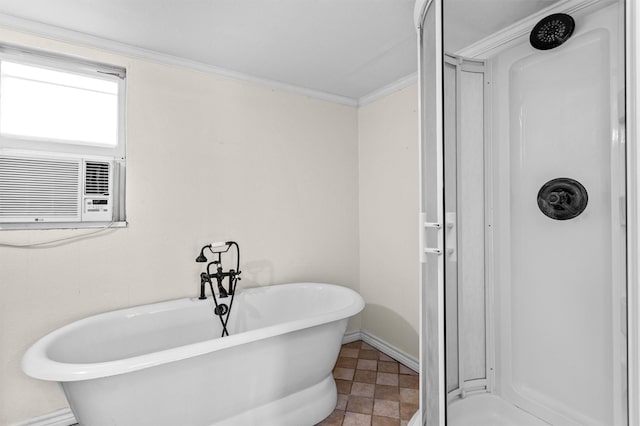 bathroom with a washtub, crown molding, and cooling unit