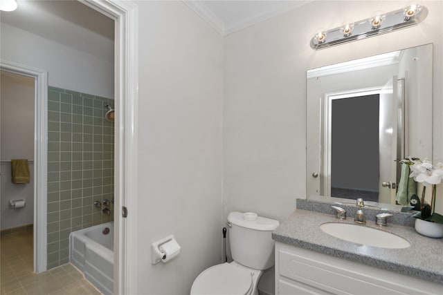 full bathroom with toilet, tiled shower / bath, vanity, and ornamental molding