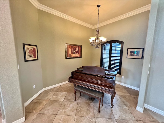 living area with a notable chandelier, ornamental molding, light tile patterned floors, and baseboards