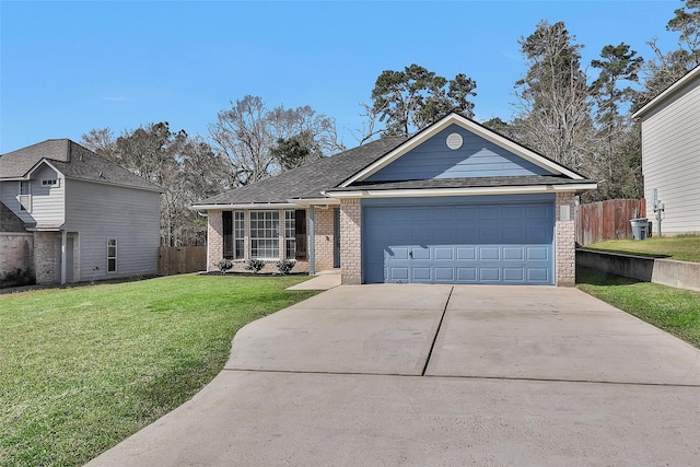 ranch-style house with a garage and a front lawn