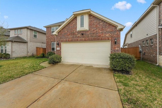 traditional-style house featuring a front yard, brick siding, fence, and driveway