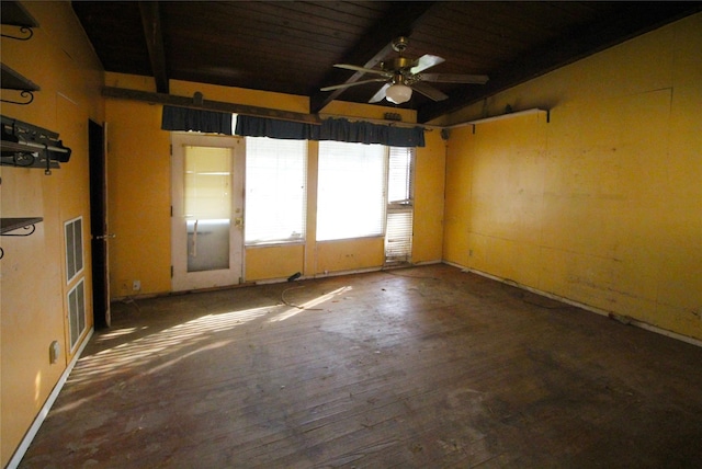 602 Brightwood Pl, San Antonio, TX 78209 - empty room with ceiling fan, wood ceiling, vaulted ceiling with beams, and dark wood-type flooring
