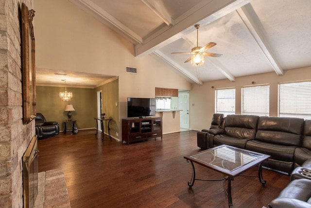 living room with dark wood-style floors, visible vents, high vaulted ceiling, beamed ceiling, and ceiling fan with notable chandelier