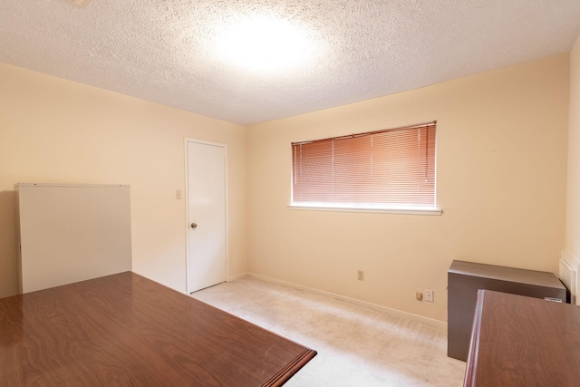 interior space featuring a textured ceiling, baseboards, and light colored carpet