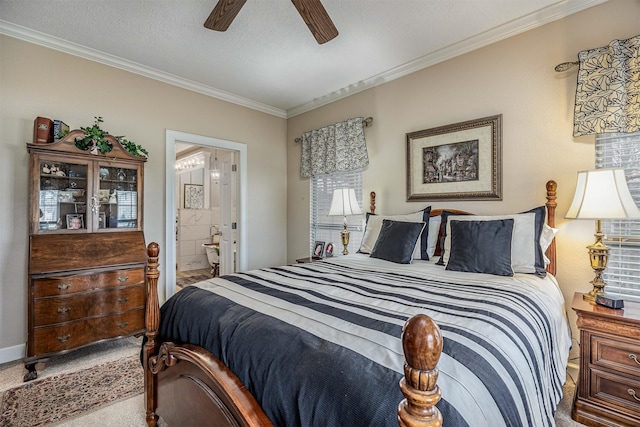 carpeted bedroom with ensuite bathroom, a textured ceiling, a ceiling fan, and crown molding