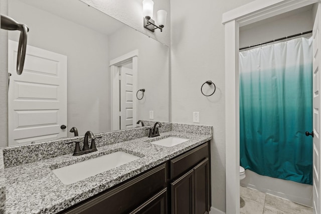 full bathroom with vanity, toilet, and shower / bathtub combination with curtain