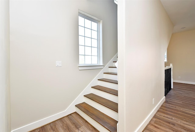 stairway featuring hardwood / wood-style flooring