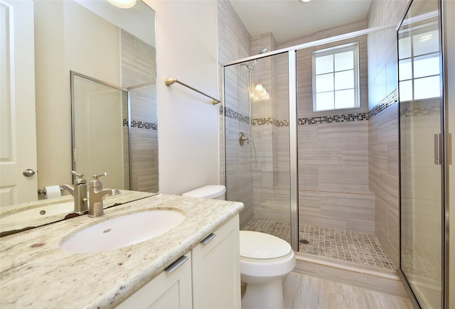 bathroom featuring toilet, vanity, and a shower with door