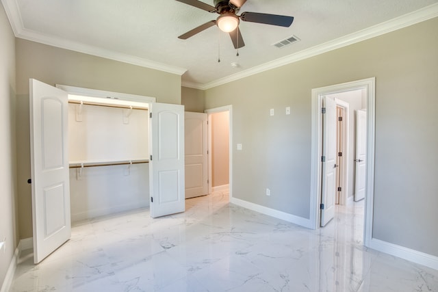 unfurnished bedroom featuring a closet, ceiling fan, and ornamental molding