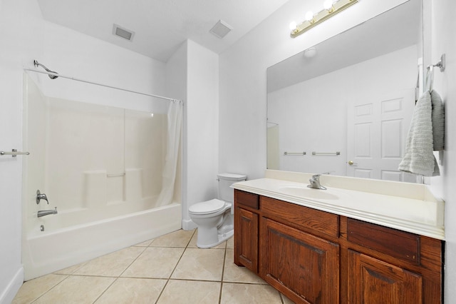 bathroom featuring toilet, visible vents, shower / bath combination with curtain, and tile patterned floors