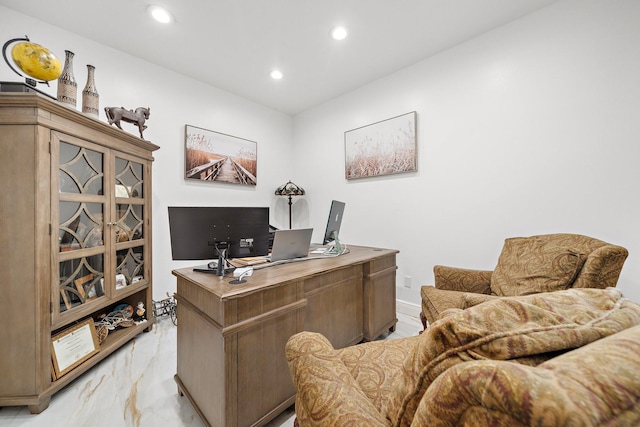 office space featuring marble finish floor and recessed lighting