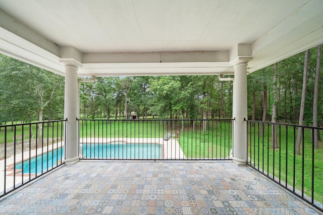 exterior space featuring a fenced in pool