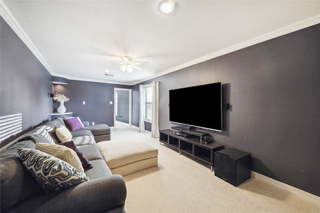 living room with carpet, ceiling fan, and ornamental molding