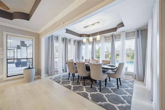 dining area with a tray ceiling, ornamental molding, and light hardwood / wood-style floors