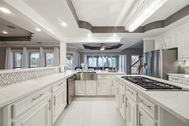 kitchen featuring a tray ceiling, stainless steel appliances, sink, and kitchen peninsula