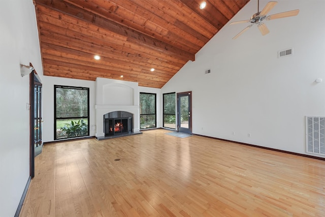 unfurnished living room with high vaulted ceiling, wood ceiling, a large fireplace, and visible vents