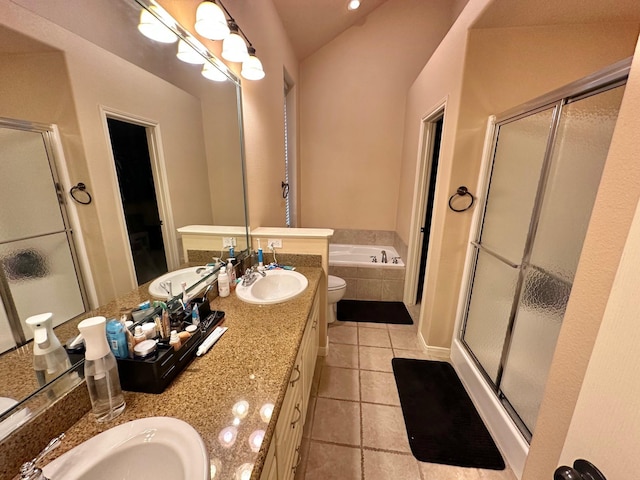 full bathroom with tile patterned floors, toilet, vanity, and plus walk in shower