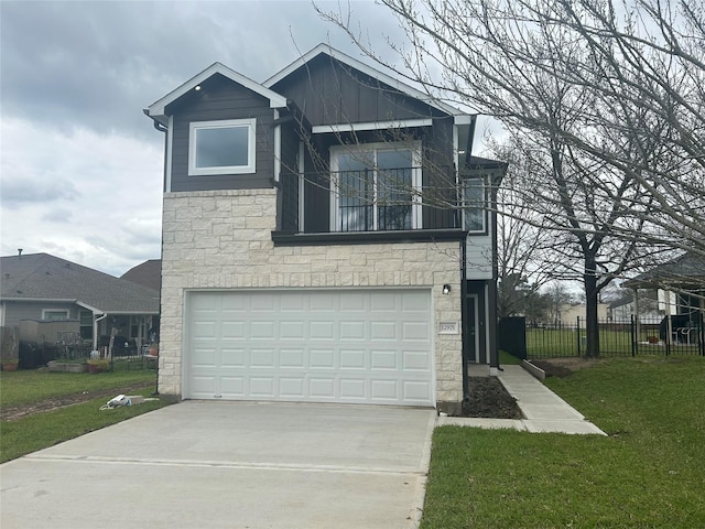 view of front of home featuring a garage, a balcony, fence, board and batten siding, and a front yard