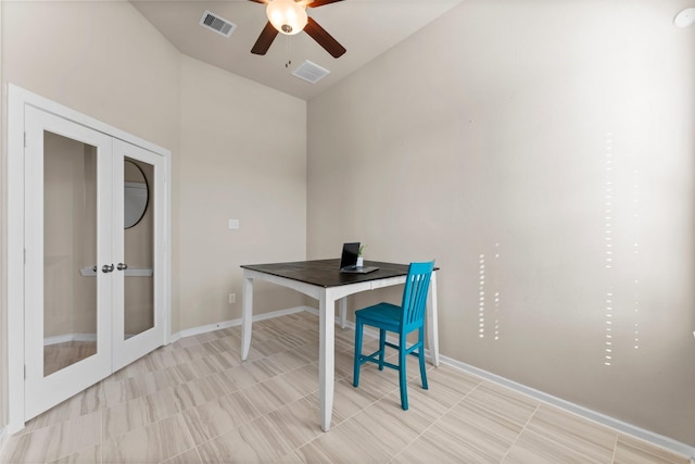 office with french doors, visible vents, ceiling fan, and baseboards