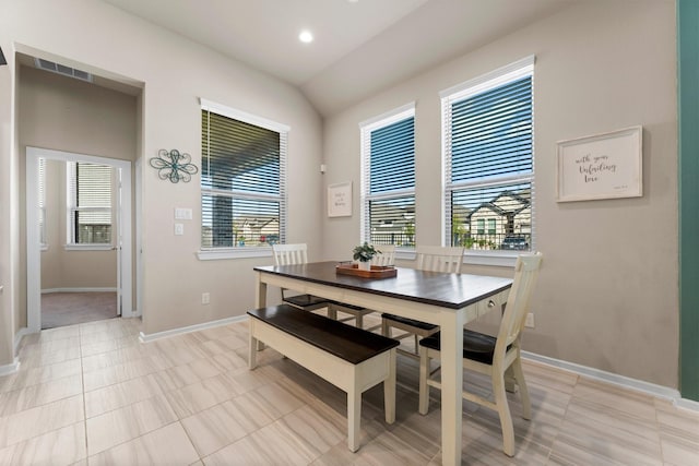 dining space with a wealth of natural light, visible vents, baseboards, and recessed lighting