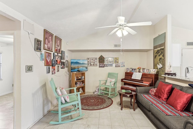 tiled living room with vaulted ceiling and ceiling fan