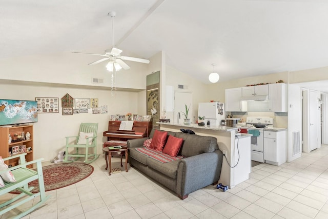 tiled living room featuring lofted ceiling and ceiling fan