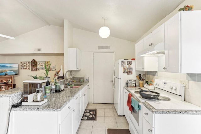 kitchen featuring sink, white appliances, white cabinetry, and lofted ceiling