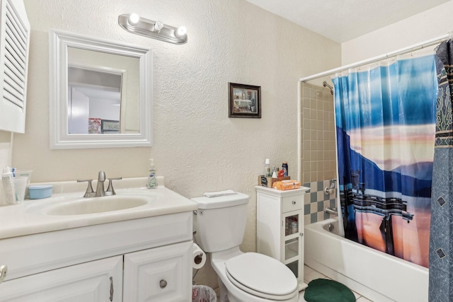 full bathroom featuring shower / tub combo with curtain, toilet, and vanity