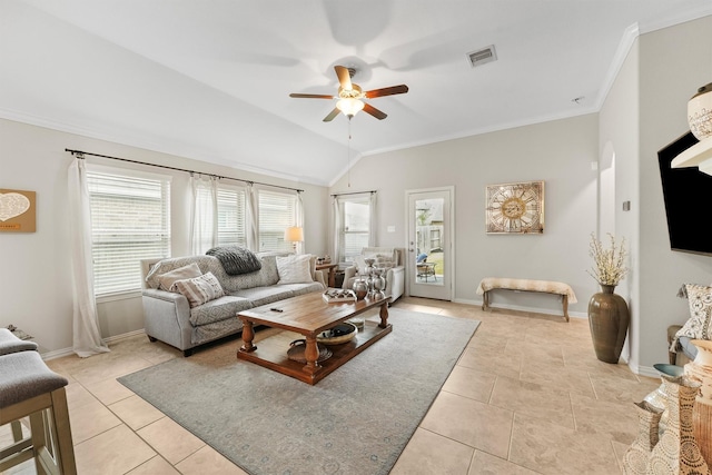 living room with light tile patterned floors, visible vents, ceiling fan, vaulted ceiling, and crown molding