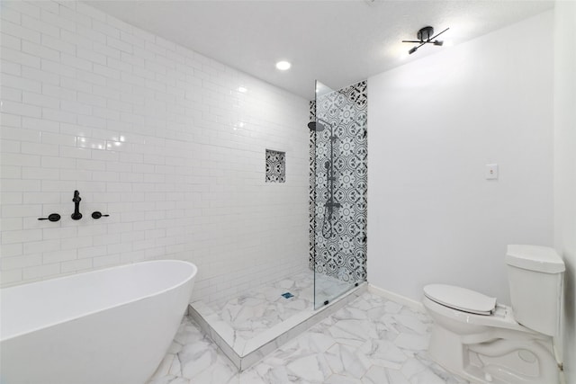 bathroom with separate shower and tub, a textured ceiling, and toilet