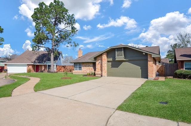 view of front of home featuring a garage, brick siding, fence, driveway, and a front lawn