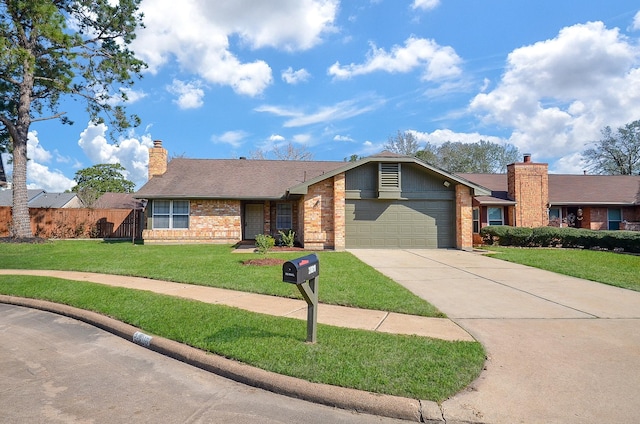 single story home featuring driveway, an attached garage, fence, a front yard, and brick siding