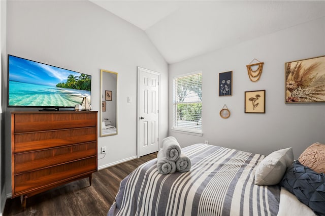 bedroom with vaulted ceiling and dark hardwood / wood-style floors