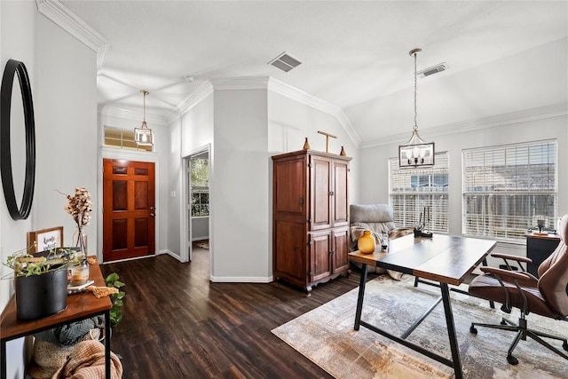 office featuring a notable chandelier, lofted ceiling, crown molding, and dark hardwood / wood-style flooring