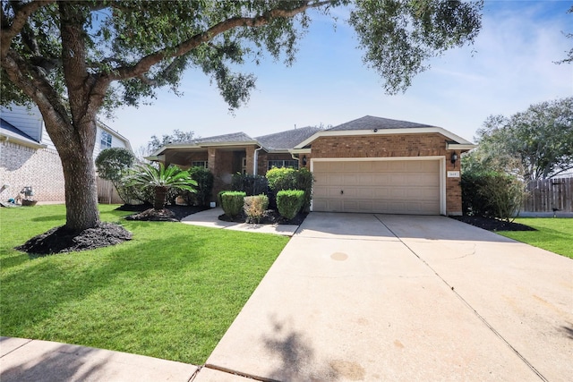 ranch-style home with a front yard and a garage