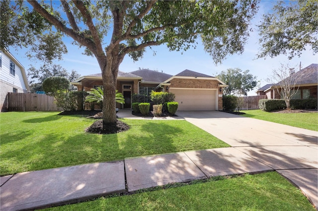 single story home featuring a front lawn and a garage